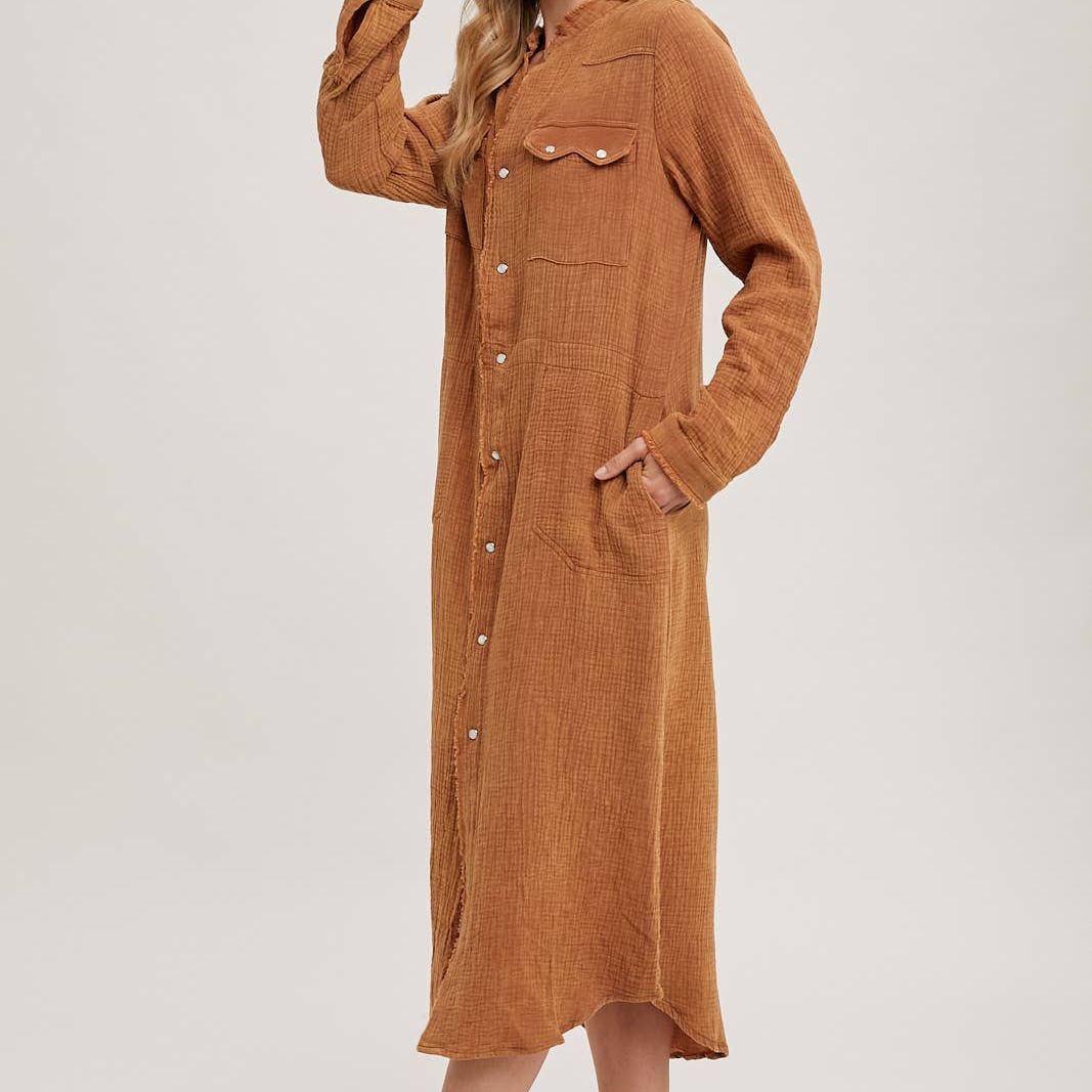 WASHED DENIM MIDI BUTTON DOWN SHIRT DRESS