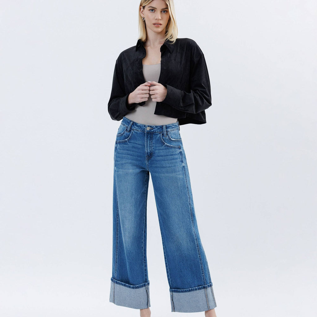 SUPER HIGH RISE CUFFED BAGGY WIDE JEANS