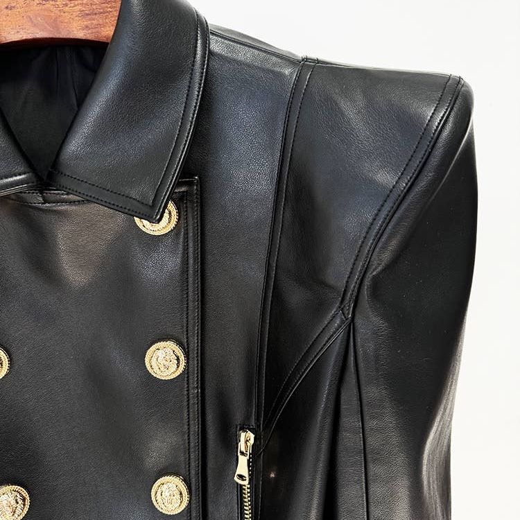 Double-Breasted Cropped Leather Motorcycle Jacket