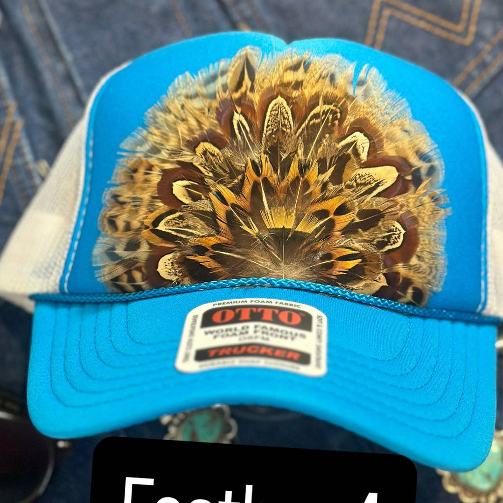 BLUE AND WHITE FEATHER TRUCKER HAT