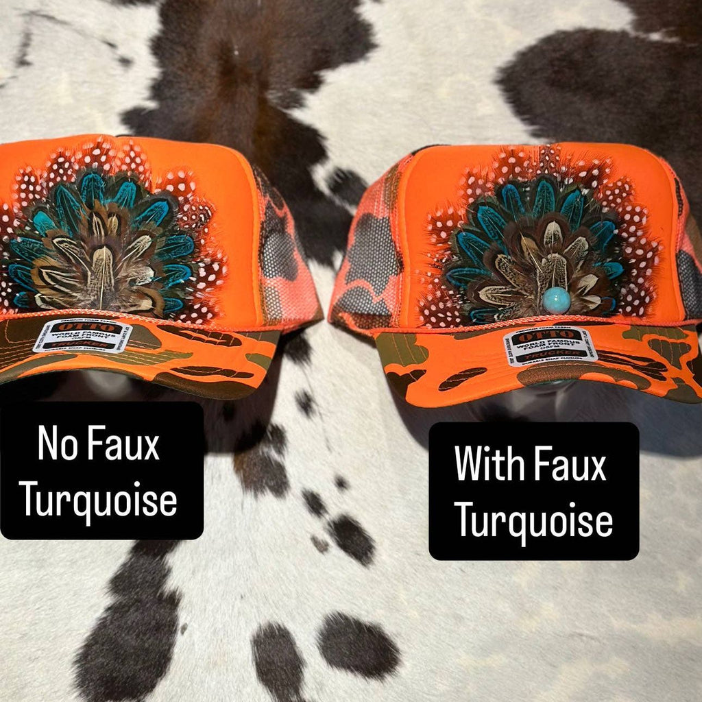 ORANGE CAMO CAMOUFLAGE FEATHER TRUCKER HAT