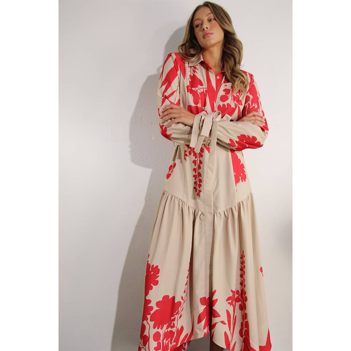 Print Uneven Belted Long Dress