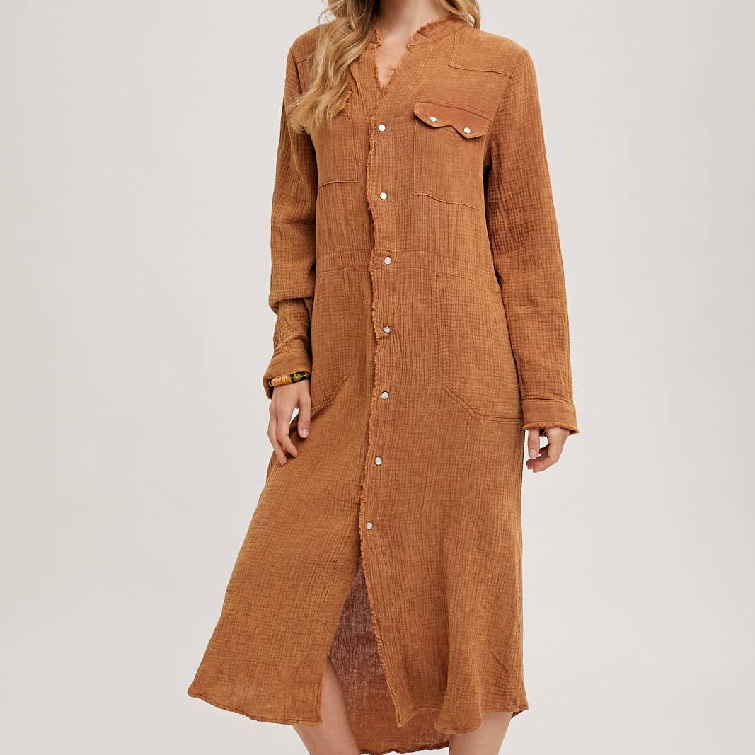 WASHED DENIM MIDI BUTTON DOWN SHIRT DRESS