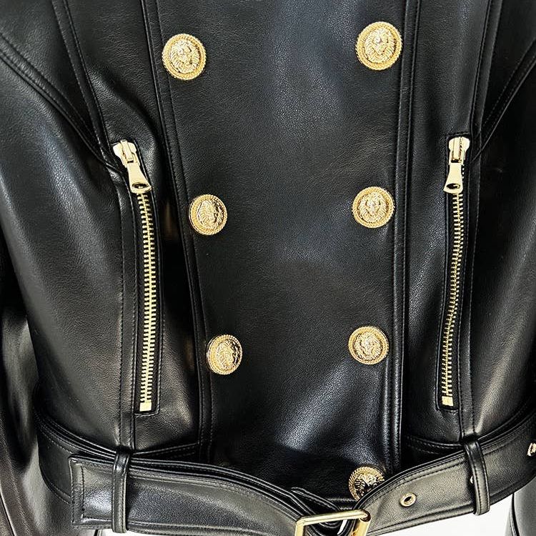 Double-Breasted Cropped Leather Motorcycle Jacket