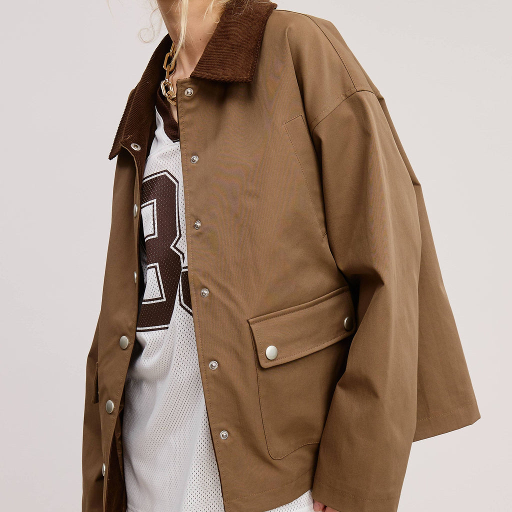 Barn Jacket with Corduroy Collar and Snap Pockets
