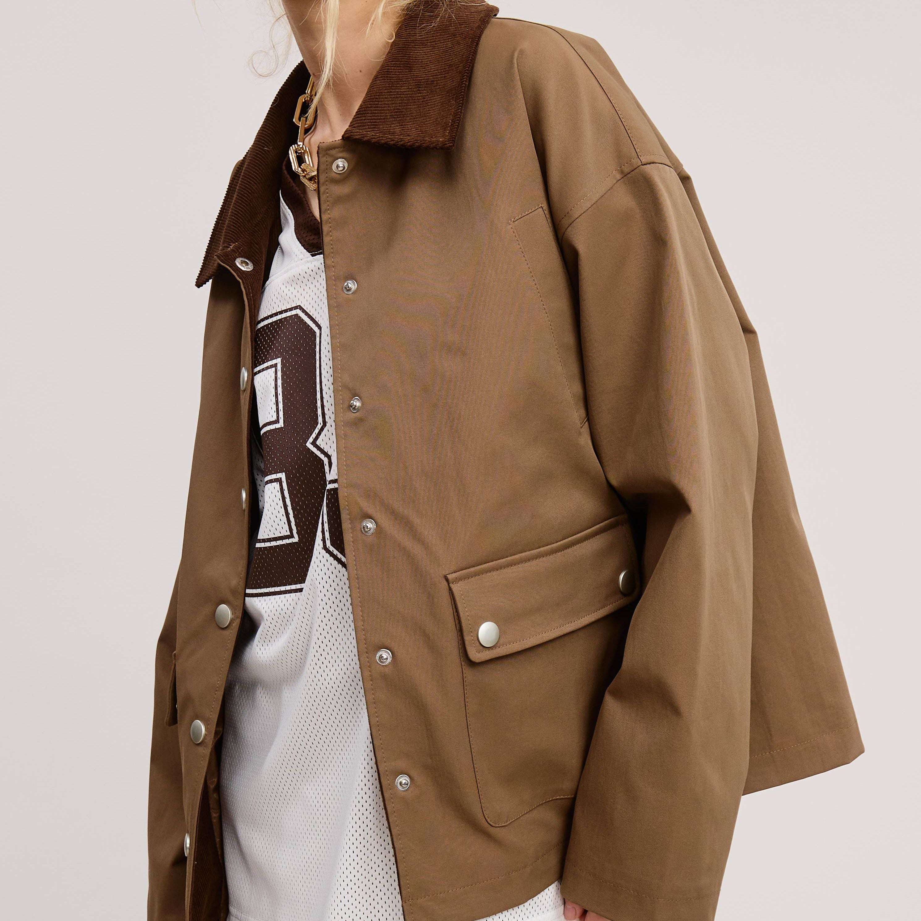 Barn Jacket with Corduroy Collar and Snap Pockets