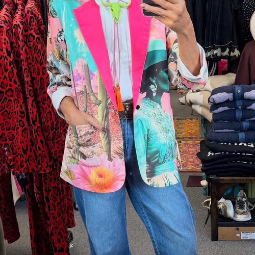 Baha Ranch Retro Pop Western Pop Cowgirl Blazer — full-length look styled with jeans
