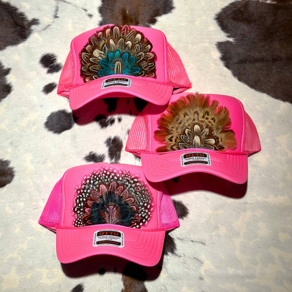HOT PINK FEATHER TRUCKER HAT