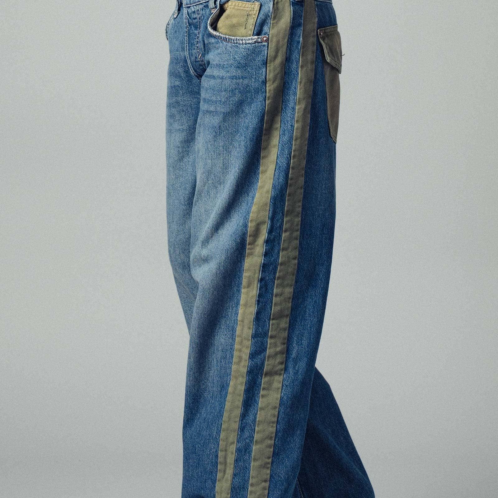 Wide-Leg Utility Stripe Denim Jeans