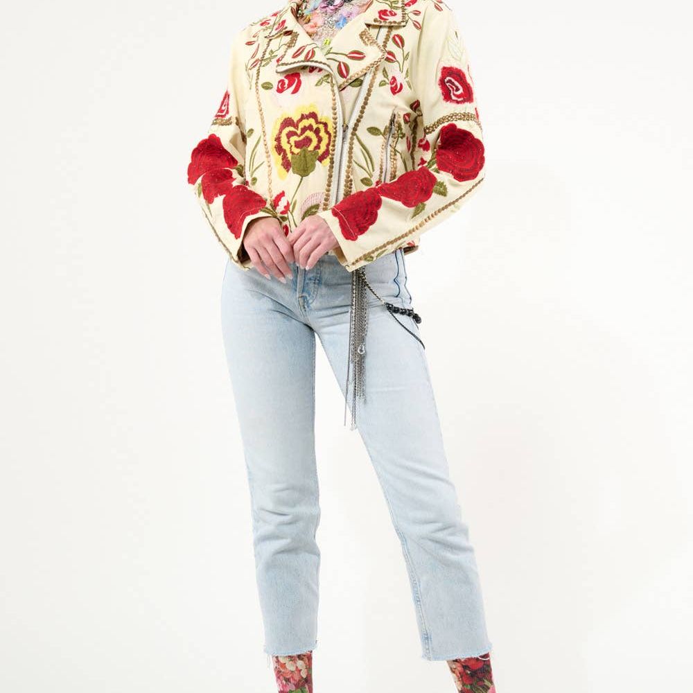 Carmen Embroidered Denim Motorcycle Jacket