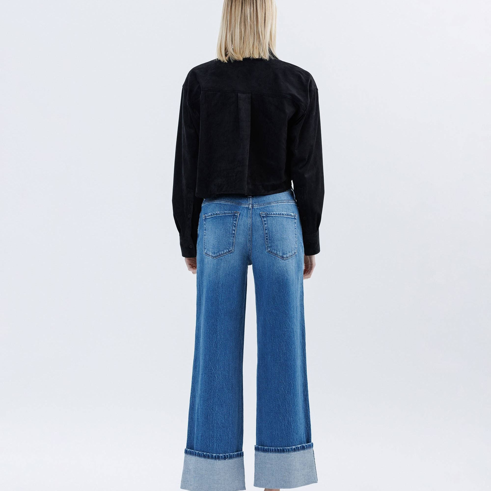 SUPER HIGH RISE CUFFED BAGGY WIDE JEANS