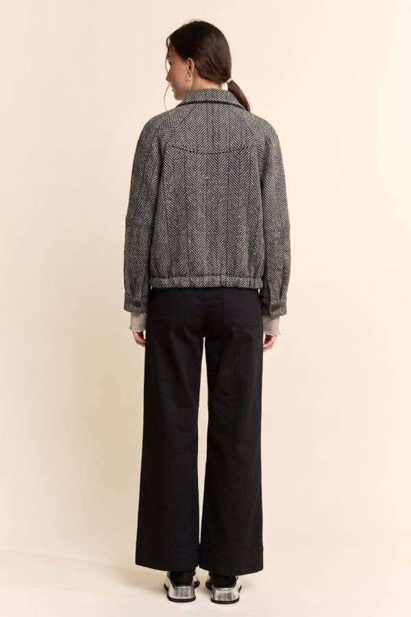 Herringbone Tweed Zip Front Bomber Jacket