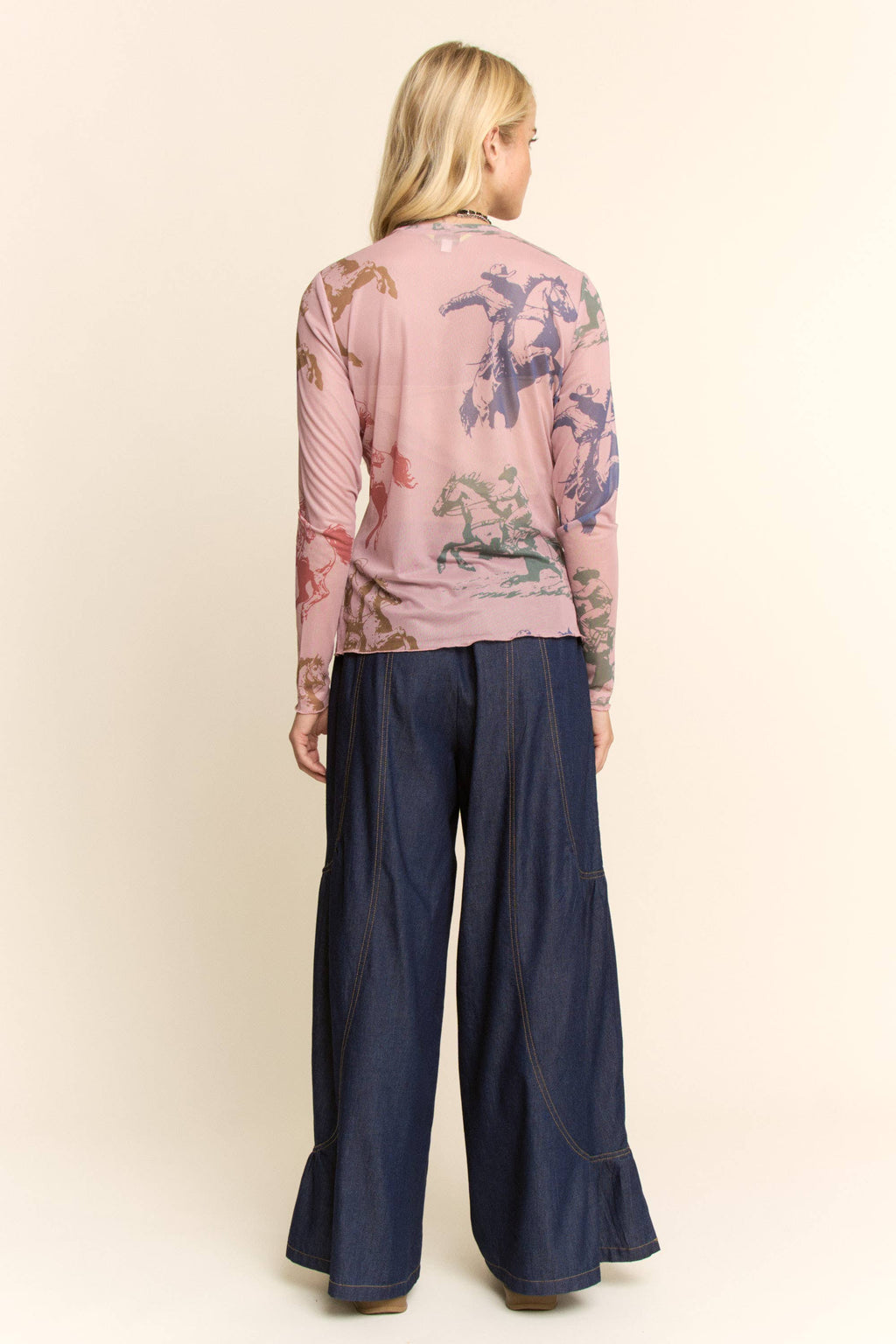 Western Horse Print Mesh Long Sleeve Top