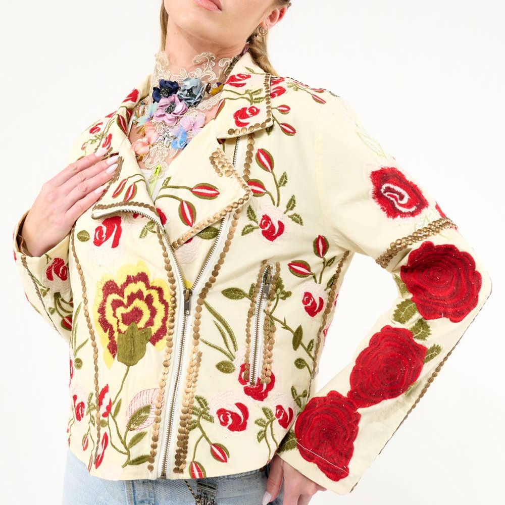 Carmen Embroidered Denim Motorcycle Jacket