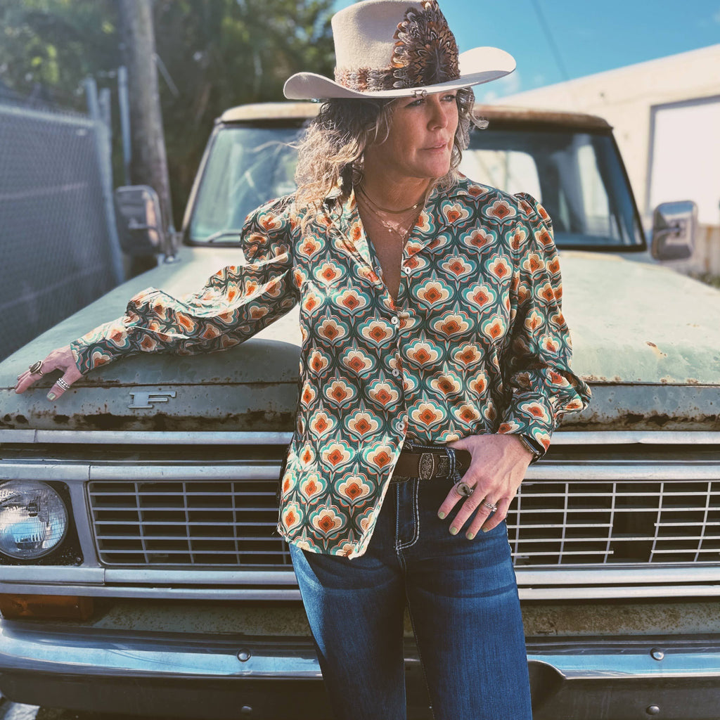 Vagabond Retro Green Tulip Flower Pouf Sleeve Button Up Blouse