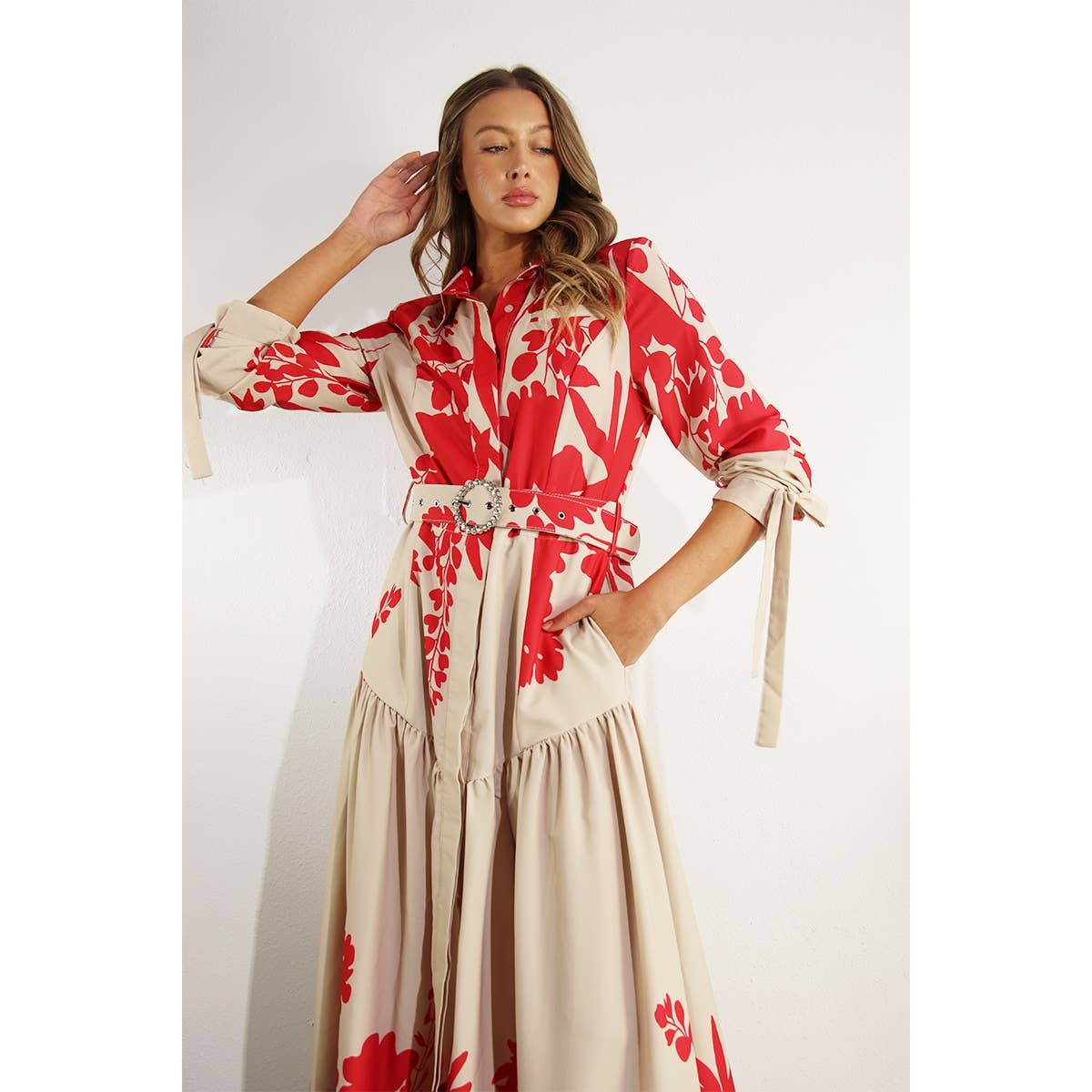 Print Uneven Belted Long Dress