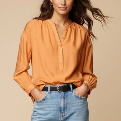 Button-down Blouse With Gathered Neckline