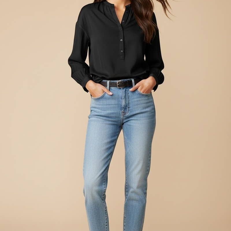Button-down Blouse With Gathered Neckline