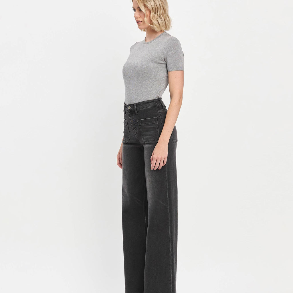 HIGH RISE PATCH POCKET BLACK WIDE TROUSER JEANS T6569