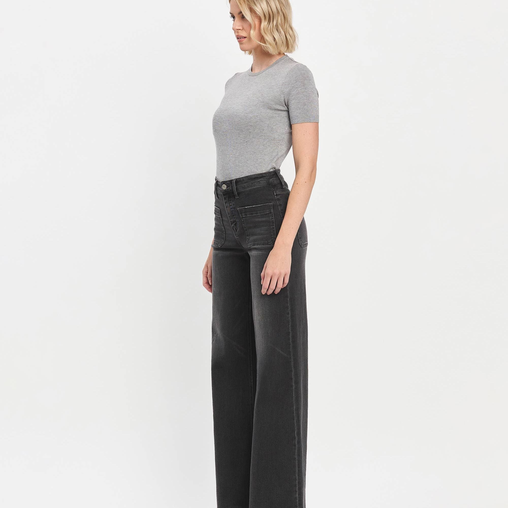 HIGH RISE PATCH POCKET BLACK WIDE TROUSER JEANS T6569