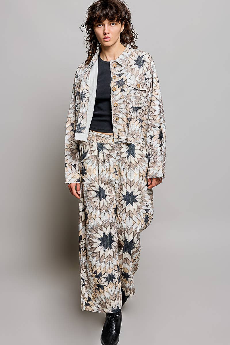 Geometric Star Wide Long Sleeve Quilted Stitch Woven Jacket