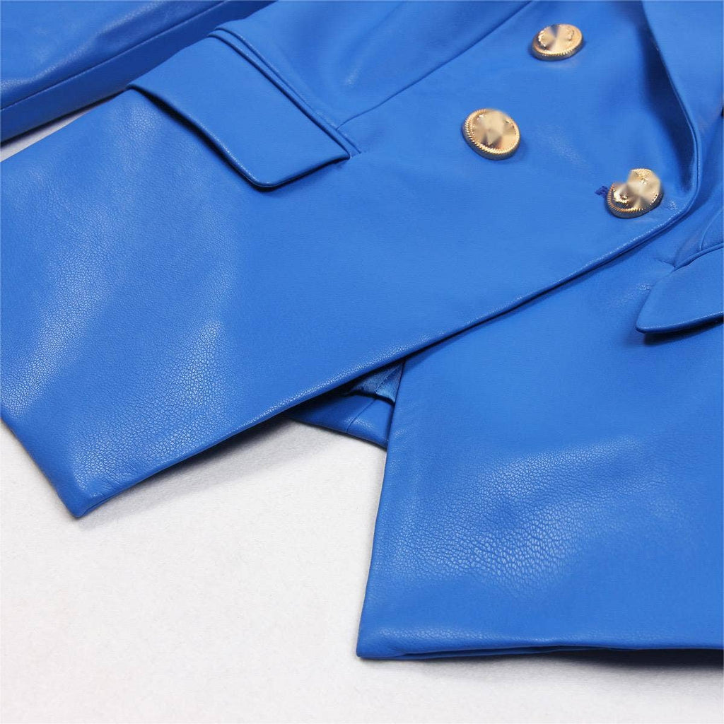Women Vivid Blue Faux Leather Slim Fit Blazer