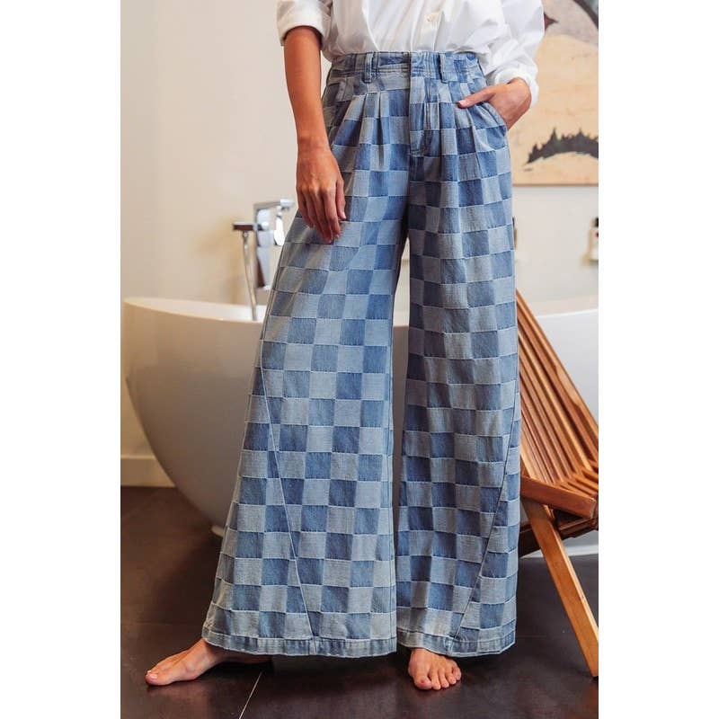 WASHED TWO TONE CHECKER WIDE PANTS