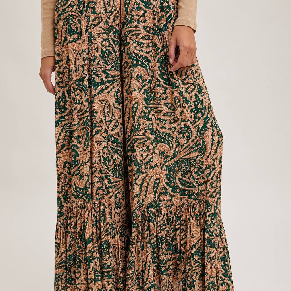 PAISLEY PRINT WIDE RUFFLED PANTS