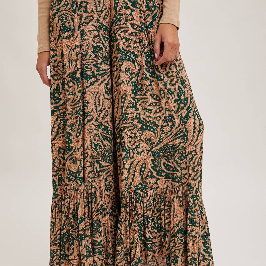 PAISLEY PRINT WIDE RUFFLED PANTS