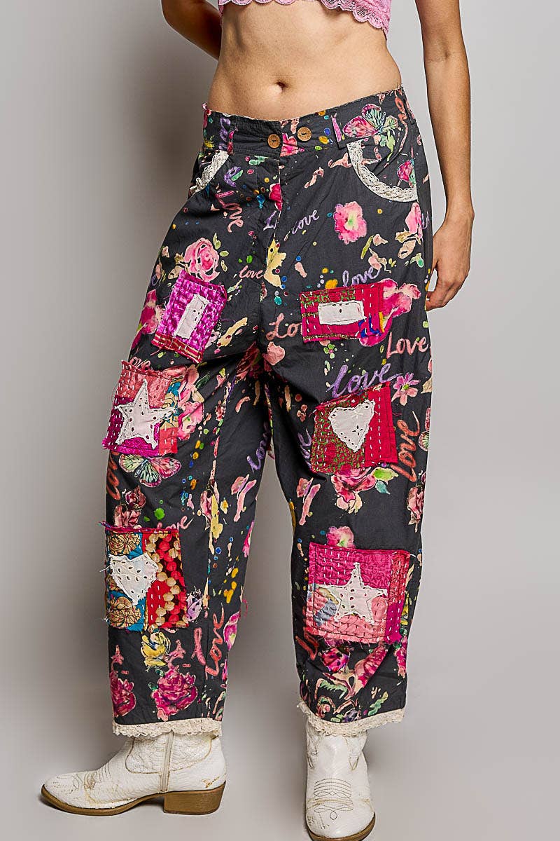 Heart Star Patch Elastic Waistband Lace Trim Straight Pants