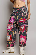 Heart Star Patch Elastic Waistband Lace Trim Straight Pants