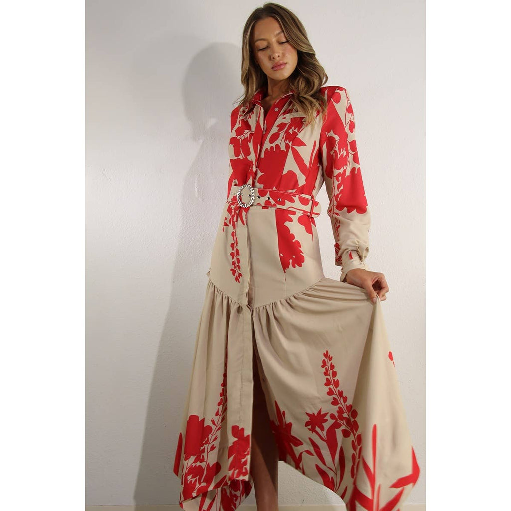Print Uneven Belted Long Dress