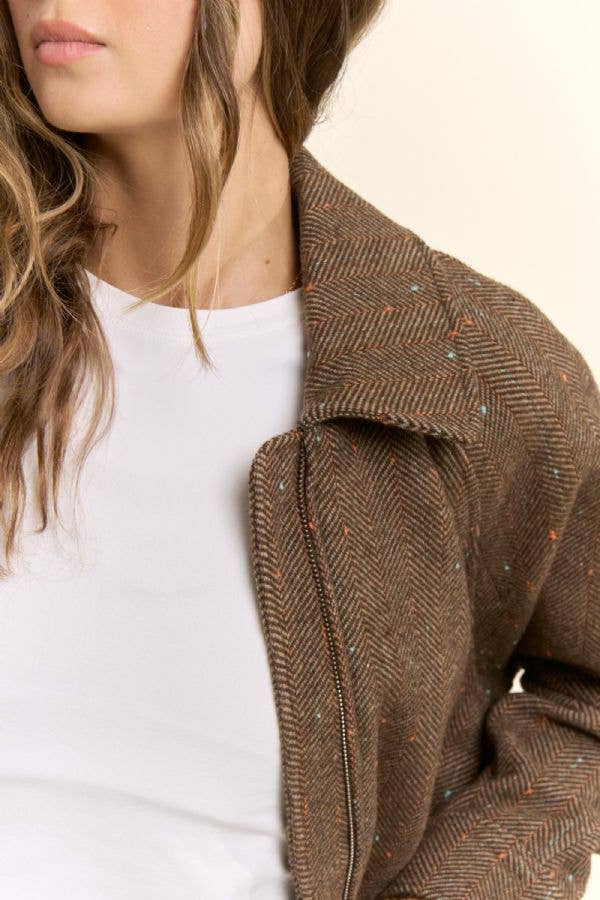 Herringbone Tweed Zip Front Bomber Jacket