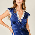 POLKA DOT SATIN LACE V NECK TOP