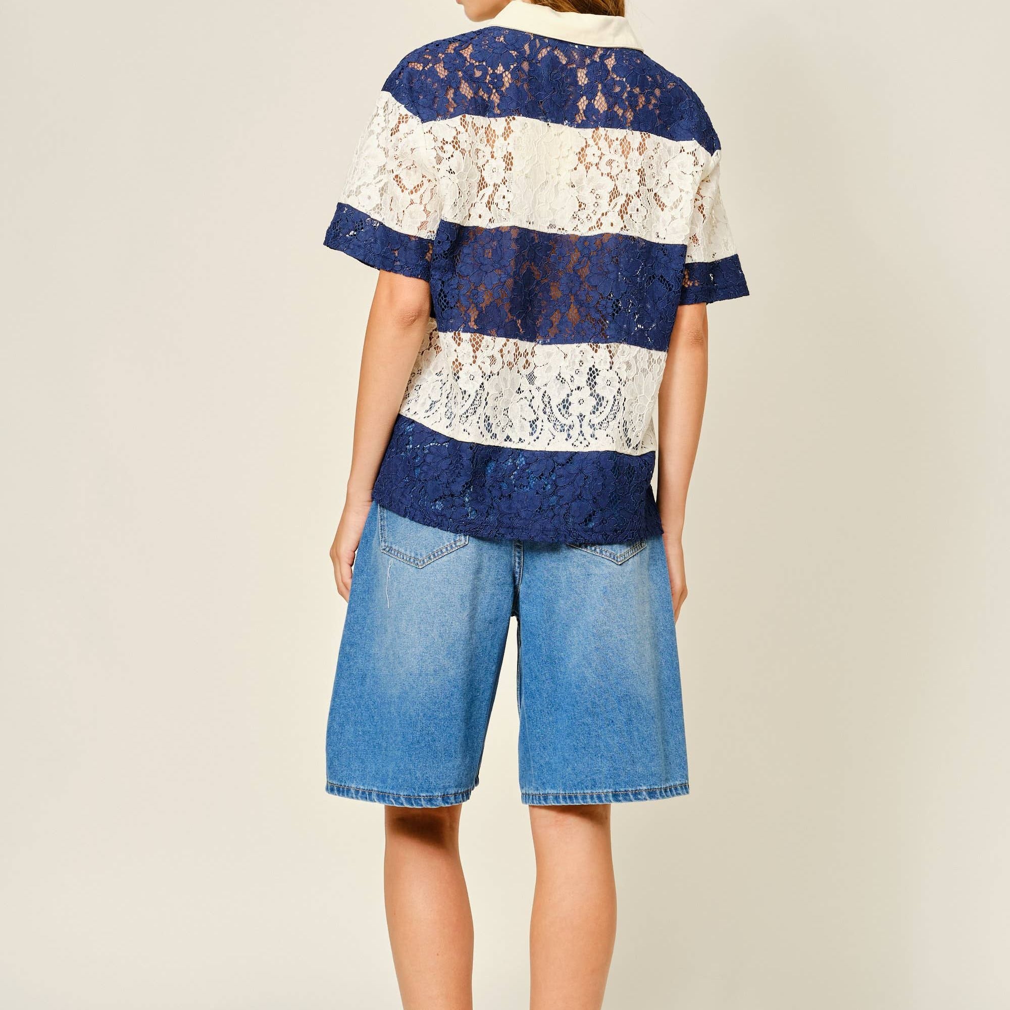 LACE STRIPE POLO TOP