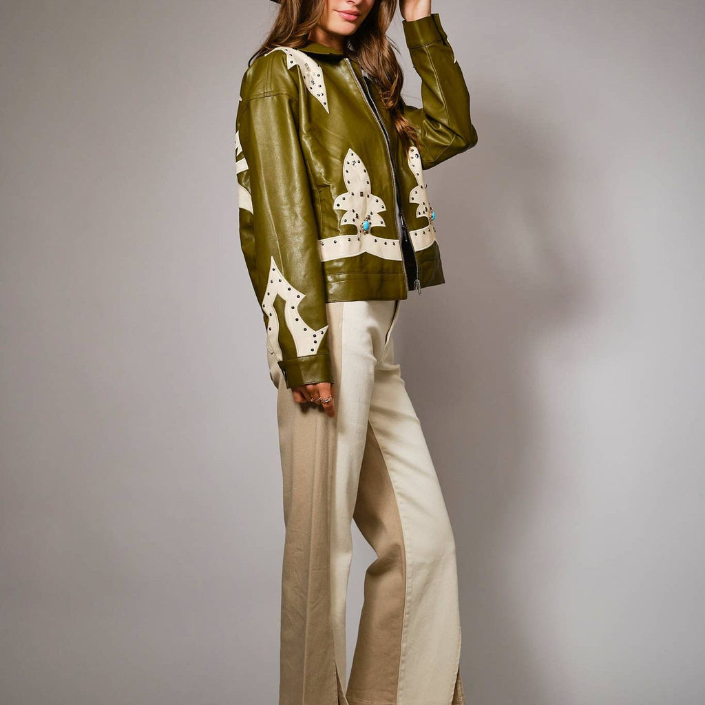 Faux Leather Studded Oversized Zip-Up Jacket