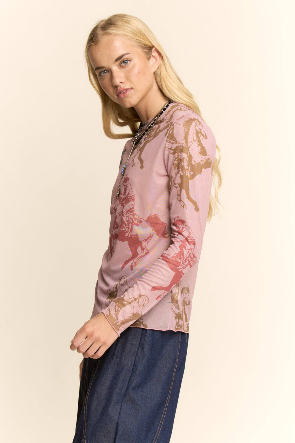 Western Horse Print Mesh Long Sleeve Top