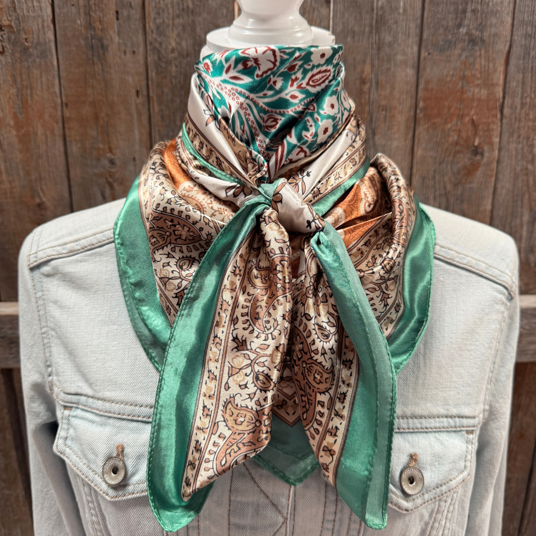 35X35" Teal, Brown and Tan Floral Wild Rag / Scarf WR3457