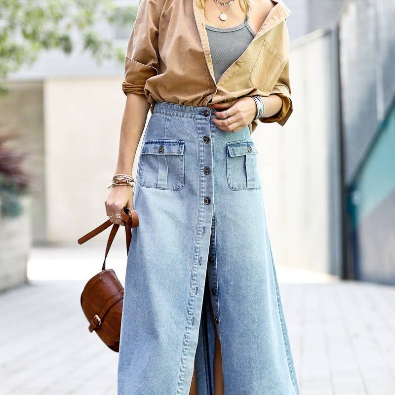Front button down washed out denim maxi-skirt MK1699
