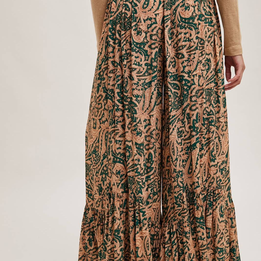 PAISLEY PRINT WIDE RUFFLED PANTS