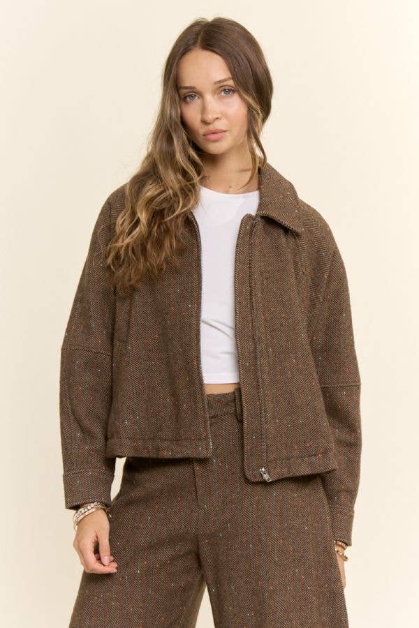 Herringbone Tweed Zip Front Bomber Jacket