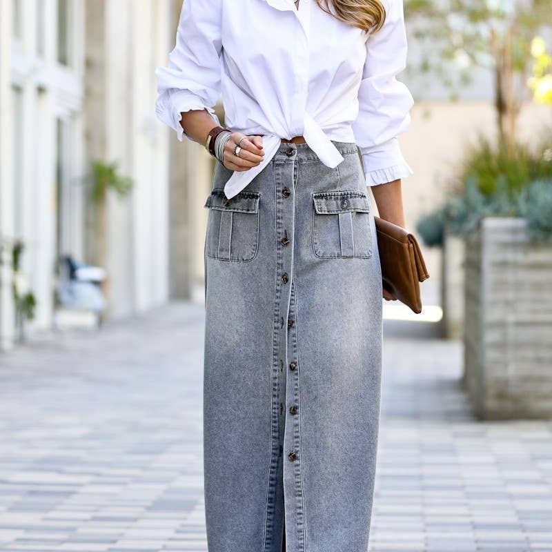 Front button down washed out denim maxi-skirt MK1699