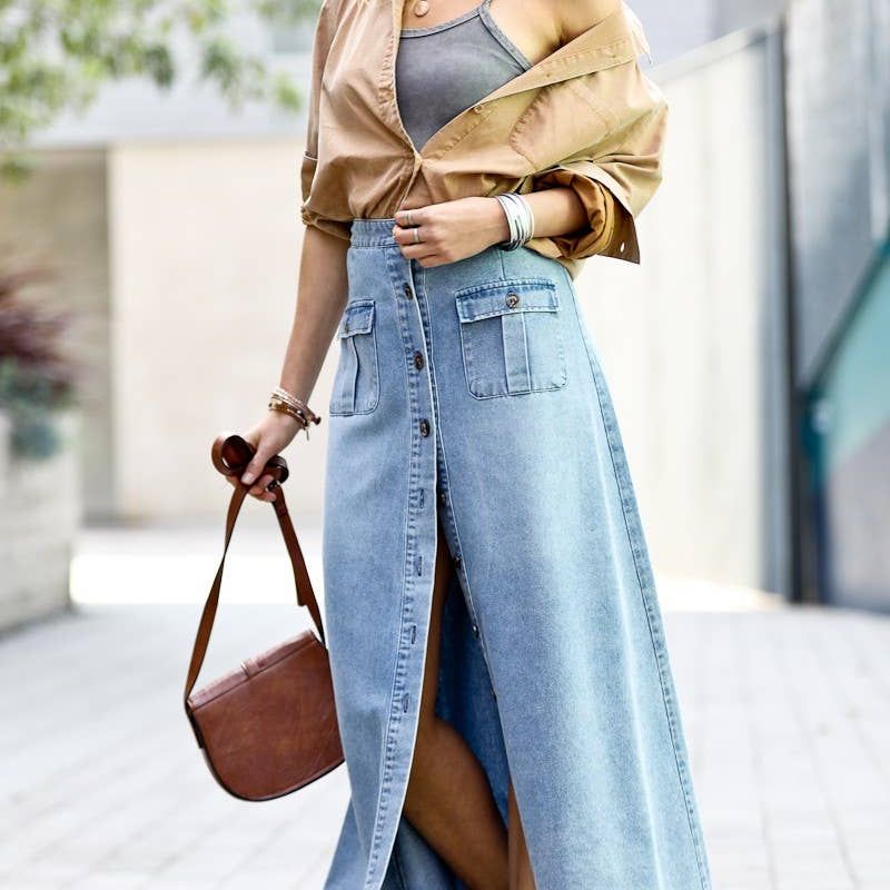 Front button down washed out denim maxi-skirt MK1699