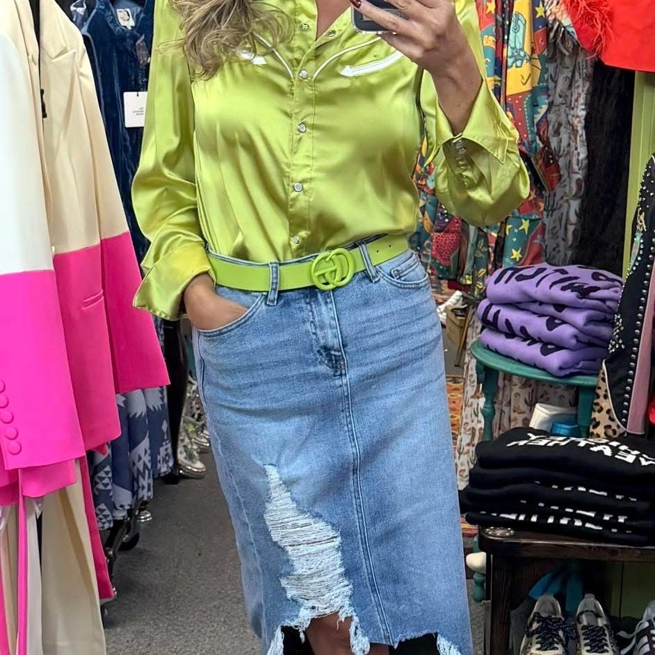 Chartreuse Satin Pearl Snap — full-length look styled with a distressed denim skirt