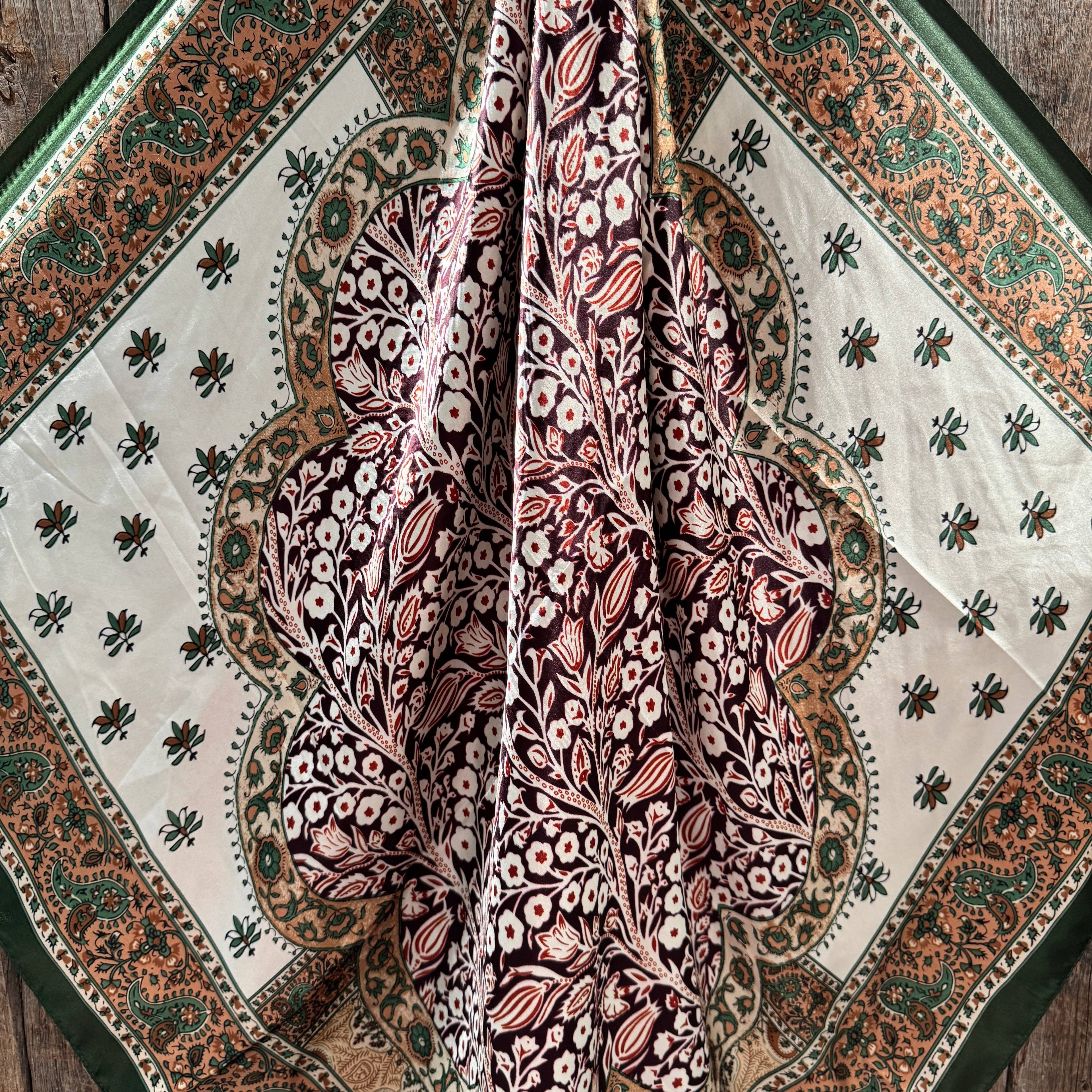 35X35" Green, Plum and Tan Floral Wild Rag / Scarf WR3454