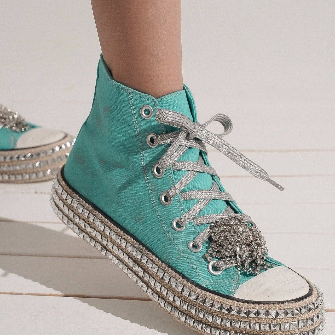 BEDAZZELED DECOR ROCKSTUD PLATFORM HIGH TOP SNEAKERS
