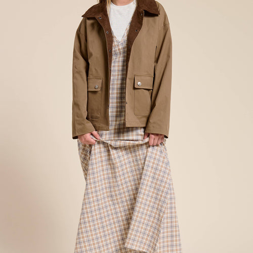 Barn Jacket with Corduroy Collar and Snap Pockets