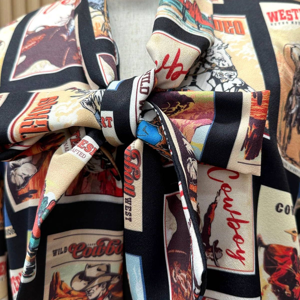 Western Cowboy Stamps Print Ribbon Blouse