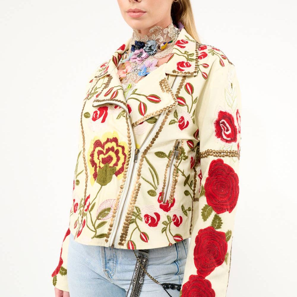Carmen Embroidered Denim Motorcycle Jacket