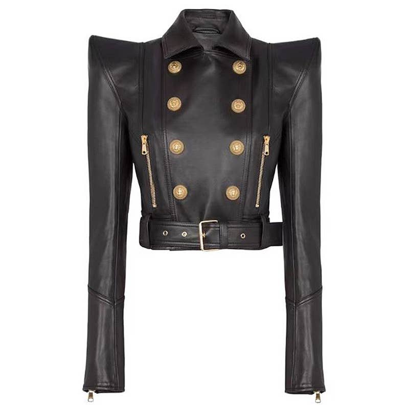 Double-Breasted Cropped Leather Motorcycle Jacket
